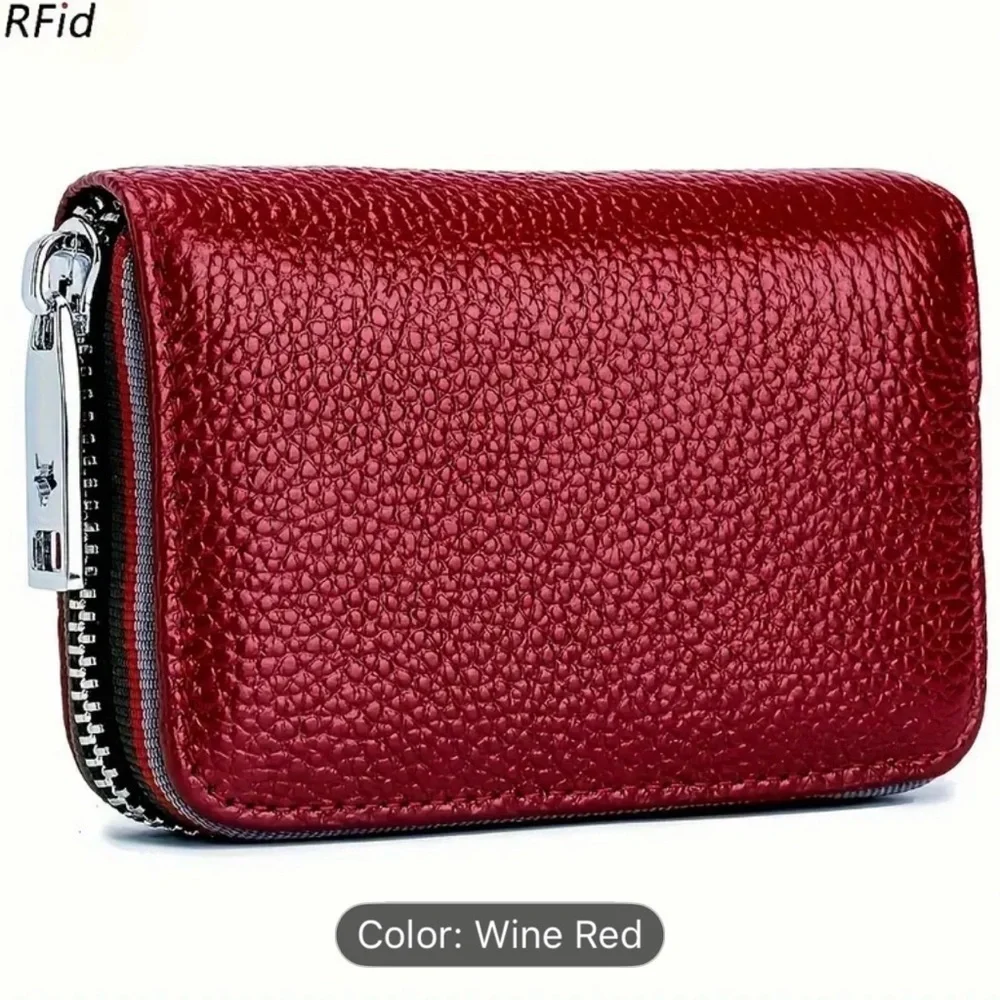 RFID Blocking Slim Card Case Wallet Genuine Leather Wine Red
